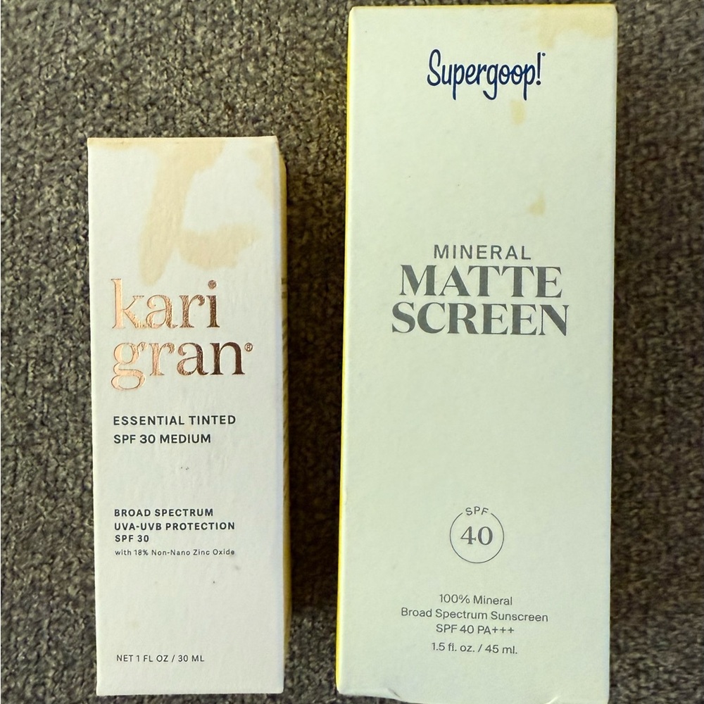 Supergoop! Mineral Matte Screen SPF 40 and Kari Gran tinted sunscreen SPF 30